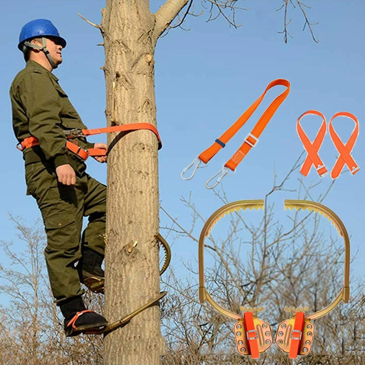 Tree Climbing Spikes with Safety Harness, Adjustable Belt & Wooden