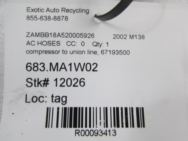 Maserati M128, AC Compressor to Union AC Hose, Used, P/N 67193500