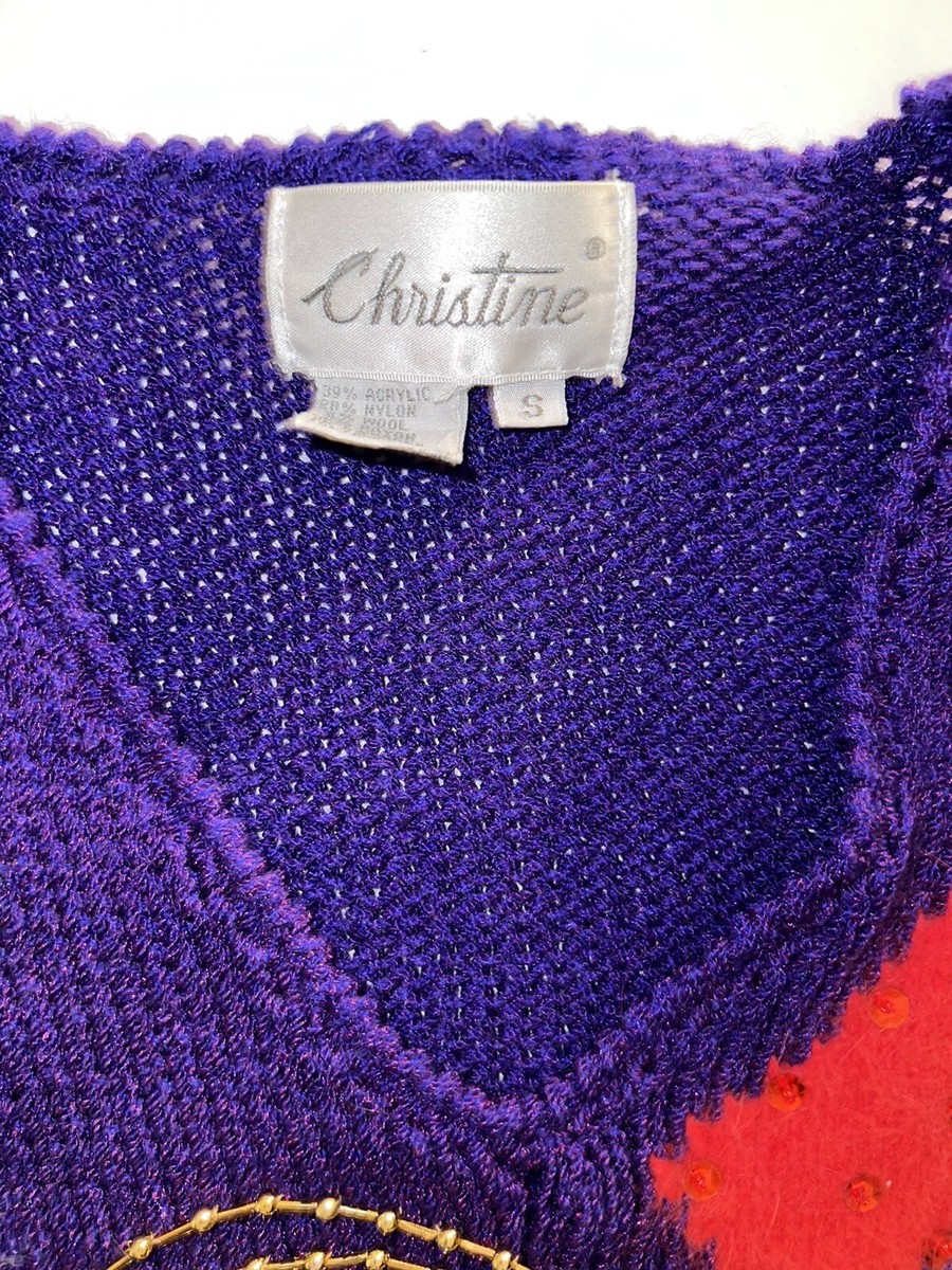 Vintage CHRISTINE Sweater Shimmering Purple Hand Knit Angora Beads