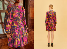 FARM RIO Pink Yellow Fruit Dream Long Sleeve Ruffle Pleated Mini Dress L = 12/14