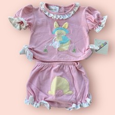 Vtg 80s Baby Girl 12M Pink Ruffled Top Bloomers Set Bloomer Bubble Easter Outfit