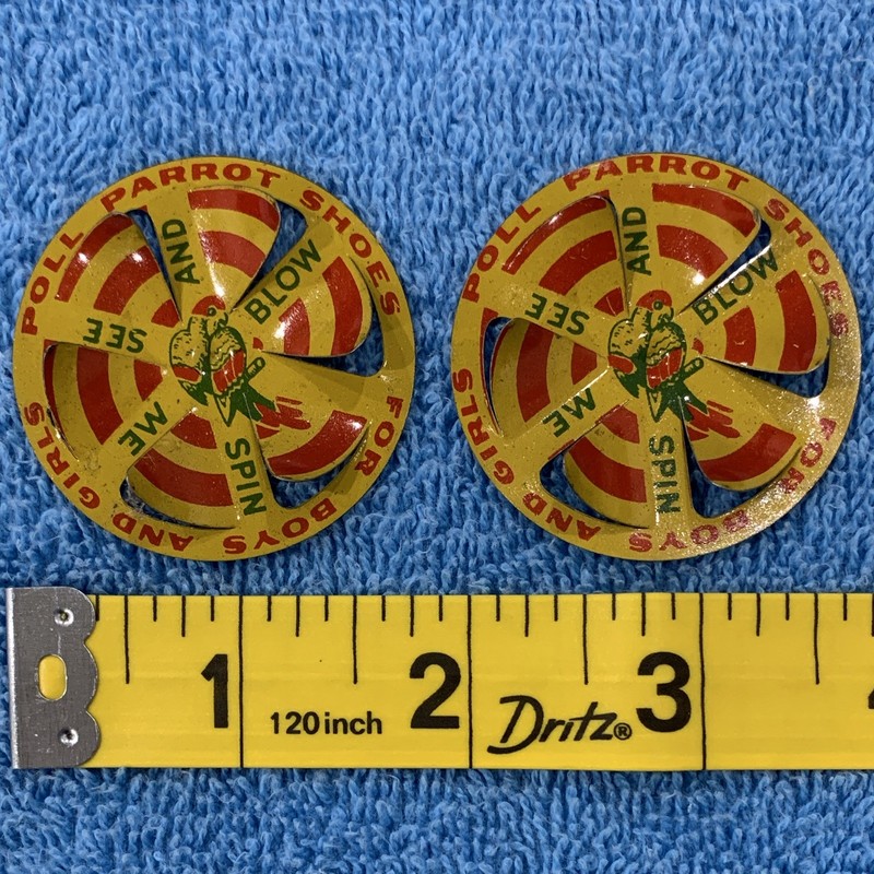 TWO NOS Poll Parrot Shoes Vintage Tin Litho Advertising Spinners “See Me Spin"