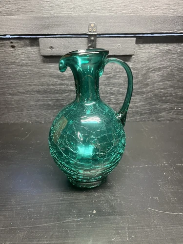 Vintage MCM Blenko Style Teal Crackle Glass 8” Pitcher Hand Blown With Handle