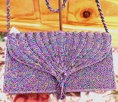 Carlo Felini evening purse, purple beaded withmult color highlights