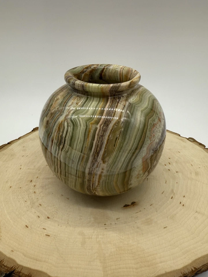 Jarrón verde marrón ónix recipiente urna piedra escultura 5” alto 4,5” ancho HERMOSO Foto 4 de 4