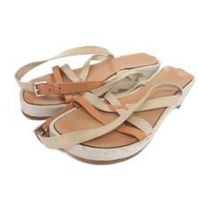 Hermes Cross Strap Leather Wedge Sandals Beige Size 37 23.5cm IBO78 Women