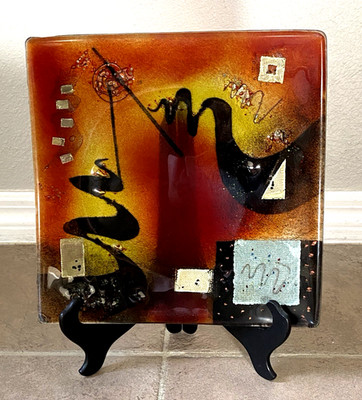 Benjamin Chang Fused Art Glass Modern Abstract Decorative Platter Black Red Gold