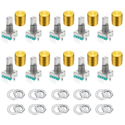 10Pcs Rotary Encoder, 15mm Full Shaft Potentiometer, with Gold Metal Knob