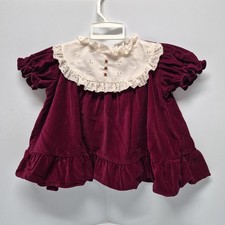 Vtg Toddler Girl Velvet Burgundy Dress w/Eyelet Lace Ecru Bib Collar 24 Month