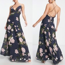 ASOS DESIGN Floral Cami Wrap Maxi Dress Strappy Back NWT Size 10 Navy Flowy