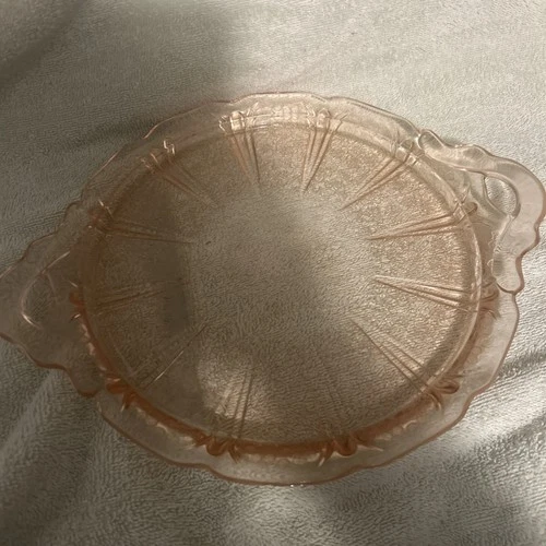 VNTG Jeannette CHERRY BLOSSOM Two Handled Cake Plate PINK Depression Glass
