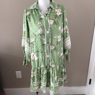 Miss June Paris Dress Green Embroidered Lace Floral Print ONE SIZE Medium