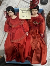 15in China Head Porcelain Doll Red Dress Black Hair