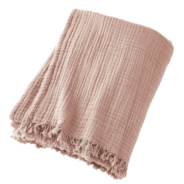 Plaid d'exception en gaze de coton 180x220 cm guimauve aux finitions frangées