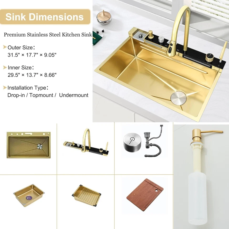 Fregadero de cocina cascada de acero inoxidable Flying Rain con grifo abatible dorado 29,5 pulgadas Foto 3 de 4