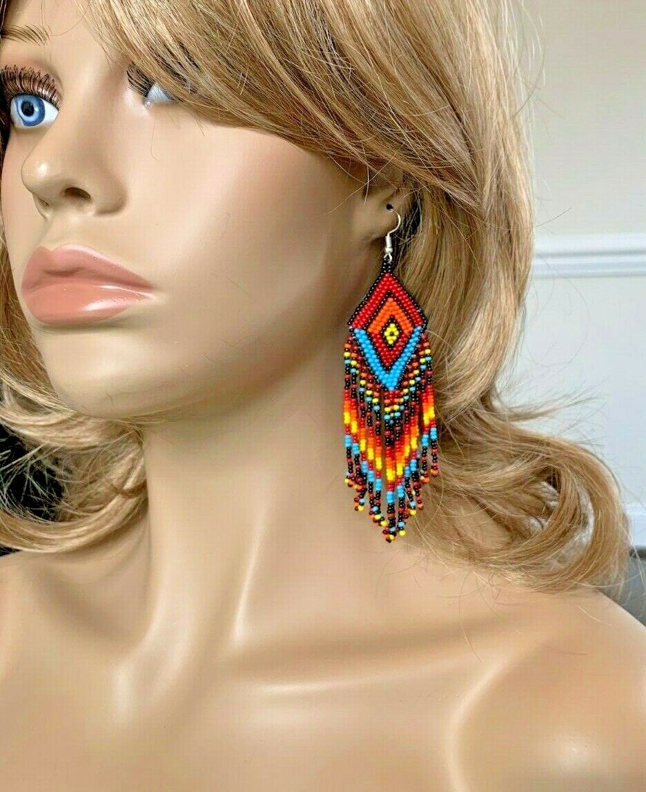 Long Beaded Earrings Handmade Native Style Beaded Hook Earrings - Bohemian Ethnic Fashion, 3.5 Inch Dangle Wood Tribal Earrings - Foto 5