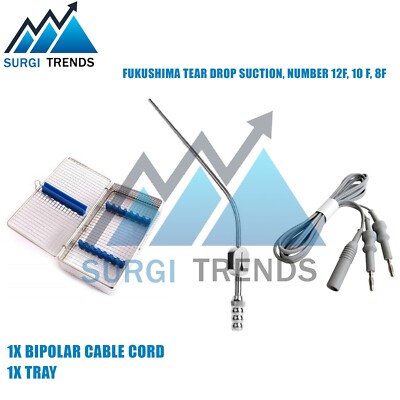 Fukushima tear drop suction, number 12F, 10 F, 8F with Bipolar Cord and Tray