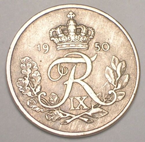 1950 Denmark Danish 25 Ore Crowned Monogram Coin VF+