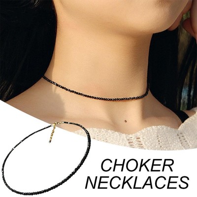 Necklace Collar black crystal stone extremely fine J2J0 sparkling chain Y6J9