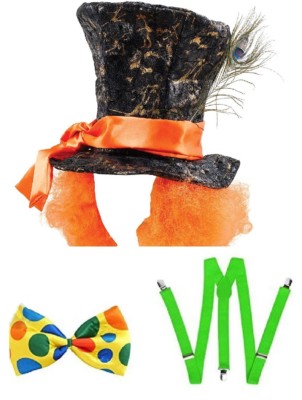 Verrückter Hutmacher Kostüm Hut orange Haare Feder Hosenträger große Fliege Alice Tea Party