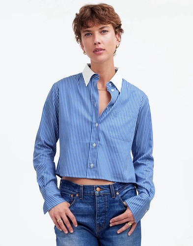 Camisa Madewell Relajada con Botones Azul Profundo Blanco Rayas Mediana Corta Elastizada - Imagen 9 de 12