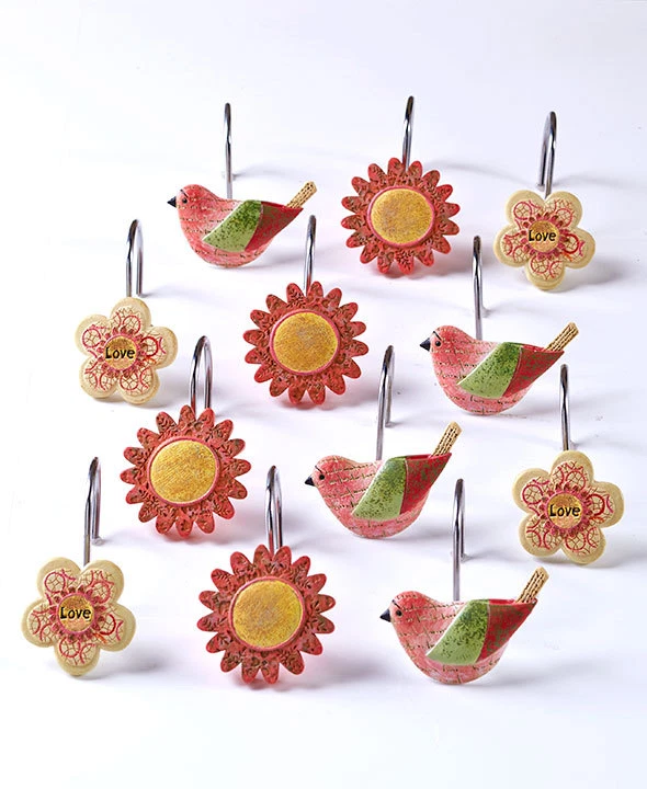 Juego de baño completo alfombra cortina de ducha vintage Spring Birds retro corazones amor rosas Foto 3 de 4