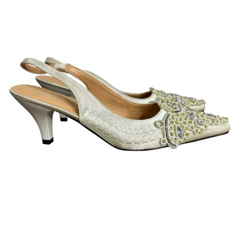 John Fashion Shoes Womens Size 9 Ivory Rhinestones Bling Kitten Heel Evening