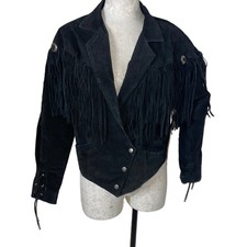 Winlit Jacket Womens Size Medium Vintage Black Suede Fringe Asymmetric Snap