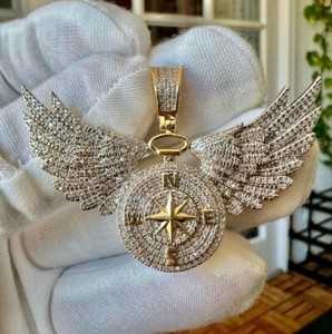 Authentic 5Ct Round Cut Real Moissanite Flying Wings Compass Pendant 14kYellow Gold Plated