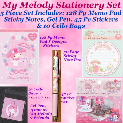 Sanrio My Melody 5 Pc Set 128 Pg Pad, Sticky Notes 45 Stickers Pen 10 Cello Bags