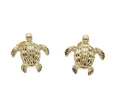 12MM 14K YELLOW GOLD SPARKLY DIAMOND CUT HAWAIIAN SEA TURTLE HONU STUD EARRINGS