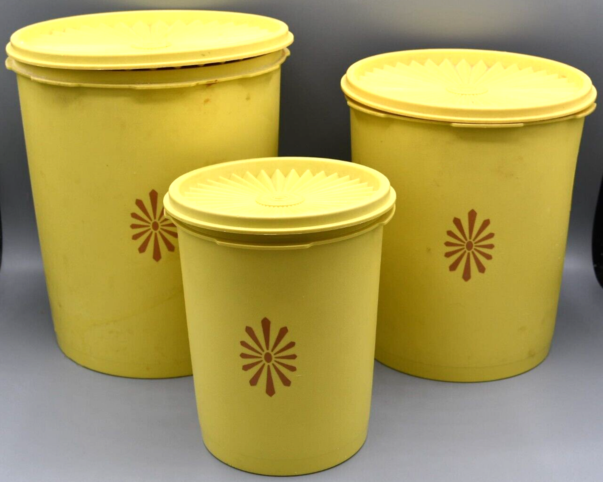 Vintage Tupperware Canister Set 3 Servalier Nesting Yellow Gold
