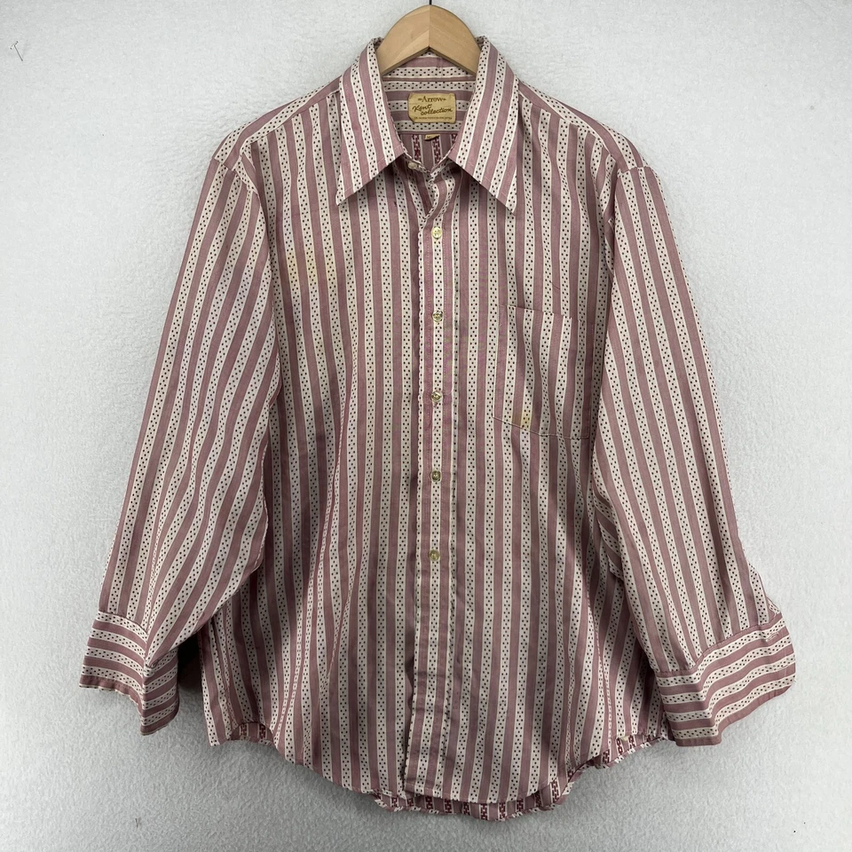 Vtg ARROW Shirt Mens 16.5 33 Kent Collection Dress Striped Polka Button Up Red - Image 2 of 4