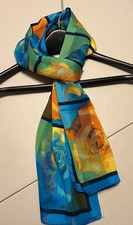 Ladies' Scarf, Turquoise, Orange, Green, Flowers, VGC, Vintage, Silky Poly Rayon