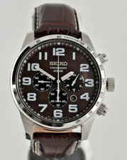 Seiko Solar Chronograph tachymeter watch Luminous Dial, brown leather band