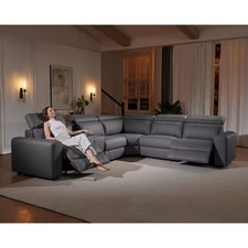 Grey Leather Dual Recliner Sectional Sofa with Power Recline and Ottoman