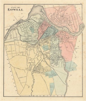 Stadt Lowell, Massachusetts. Stadtplan. BÄCKER, MAUER & GRAU 1871 alte Karte