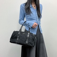 PRADA Vintage Black Pocono Nylon Bowling Bag Leather Trim