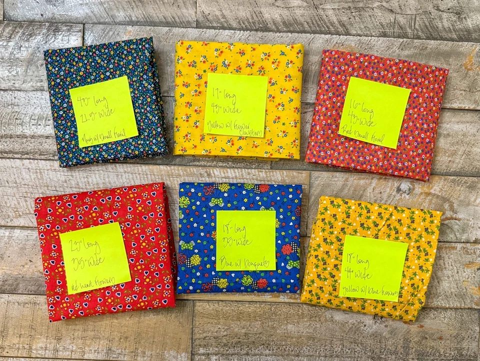 Vintage Calico Fabric Lot Small Tiny Floral Yellow Red Blue Retro Remnants - Image 2 of 4