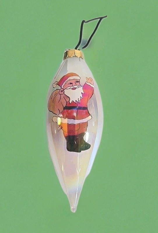 VTG Reverse Painted Santa /Poinsettias Christmas Ornament Teardrop 5 1/2" W/Box