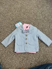 Class Club Boys 3 Piece Set 2T Blue White Seer Sucker Blazer, Shirt, Tie New