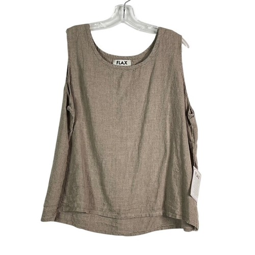 FLAX Sleeveless Linen Pullover Tank Tan Khaki Womens Large Lagenlook Minimalist