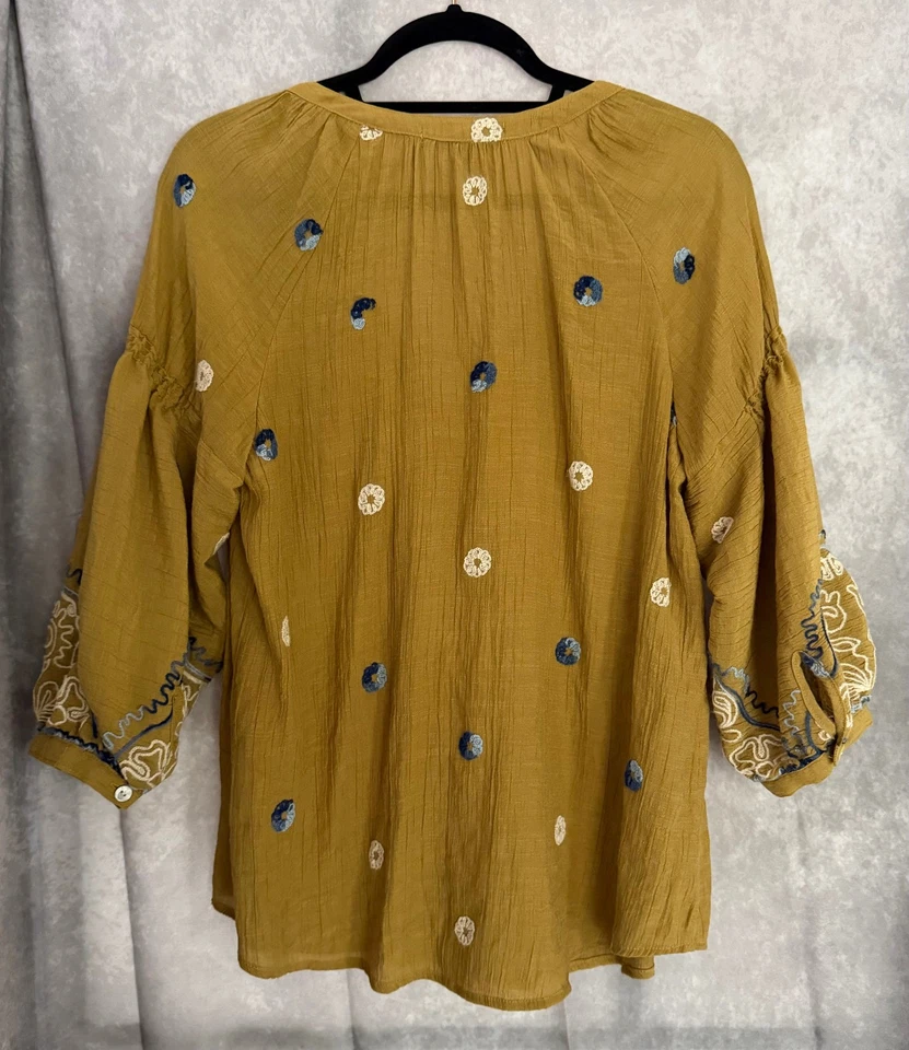 Blusa boho Figueroa & Flower para mujer M bordada mostaza manga 3/4 Foto 2 de 4