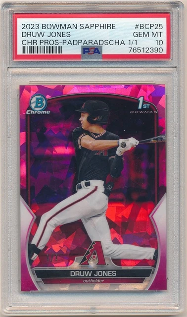 DRUW JONES 2023 BOWMAN CHROME SAPPHIRE 25 RC PADPARADSCHA SP 1/1 PSA 10 GEM MINT
