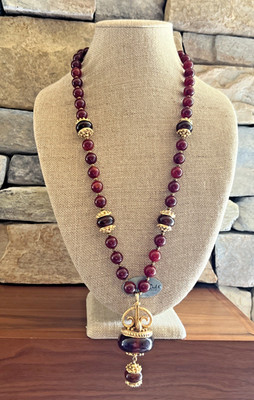 VTG SIGNED KENNETH LANE CARNELIAN RED AMBER GLASS BEAD PENDANT NECKLACE RARE 33''