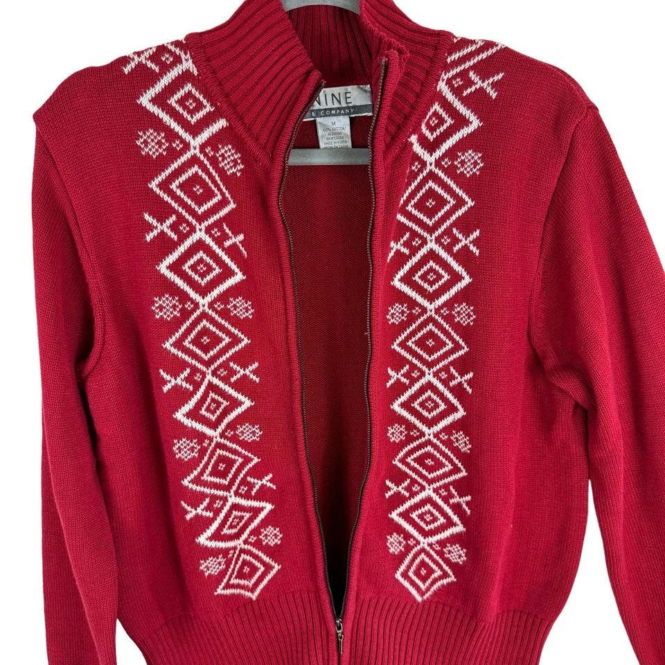 Suéter Nine & Company 100% Algodón Rojo Blanco Cremallera Completa Cuello Simulado Talla M Foto 3 de 4