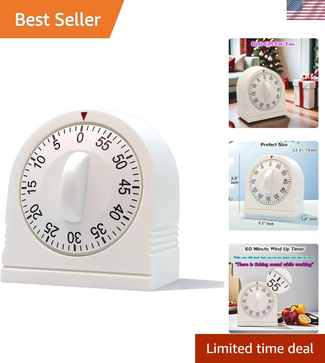 60 Minute Wind Up Timer, Visual Mechanical Timer with Loud Alarm, Manual Coun...