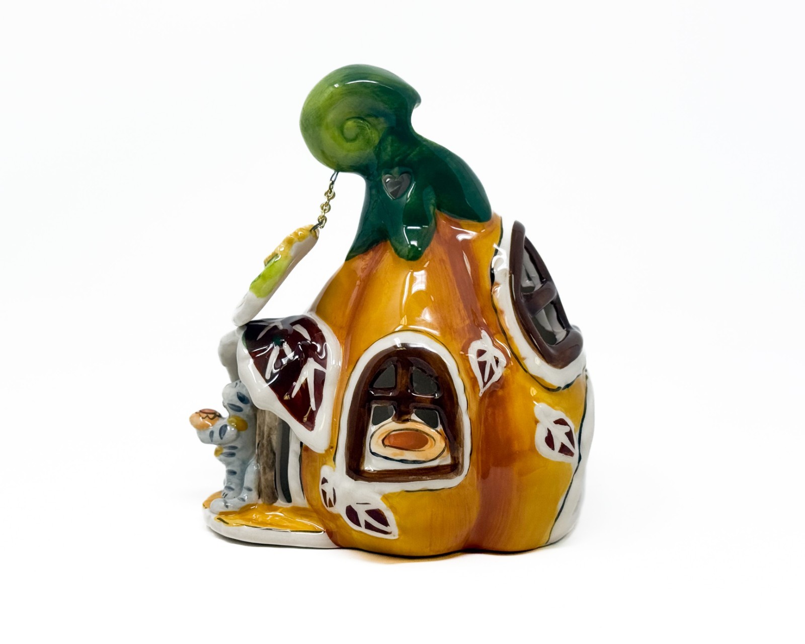 Blue Sky Clayworks Pumpkin Pie Cottage Tealight House Cat Figurine Fall Decor