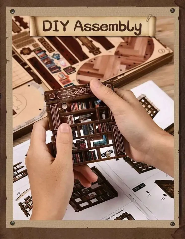 3D Puzzles DIY Wooden House Figurines Miniatures Kits Retro Dreamy Book Hall - Image 4 of 4