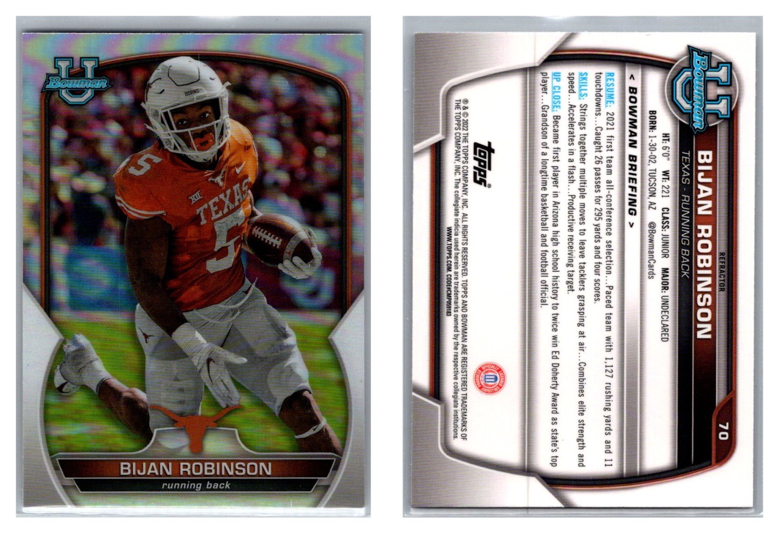 Bijan Robinson 2022 Bowman U Chrome Refractor Texas Longhorns #70